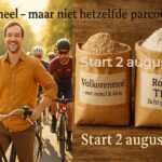 Man met stadsfiets tussen koersfietsers en twee zakken meel – volkorenmeel en T170 – als metafoor voor de juiste keuze van meel bij het starten van een desemstarter.