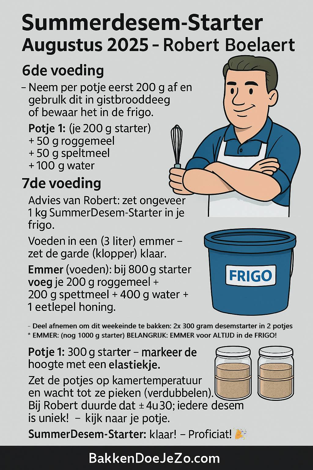 Infographic met stap-voor-stap schema voor de 6de en 7de voeding van de SummerDesem Starter van bakker Robert Boelaert, inclusief hoeveelheden roggemeel, speltmeel, water en honing – bron Bakken Doe Je Zo