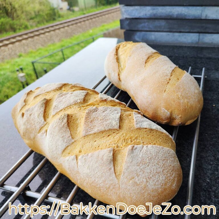 2 goudbruin gebakken witte brood met voordeeg, vers uit de oven, op een rooster.